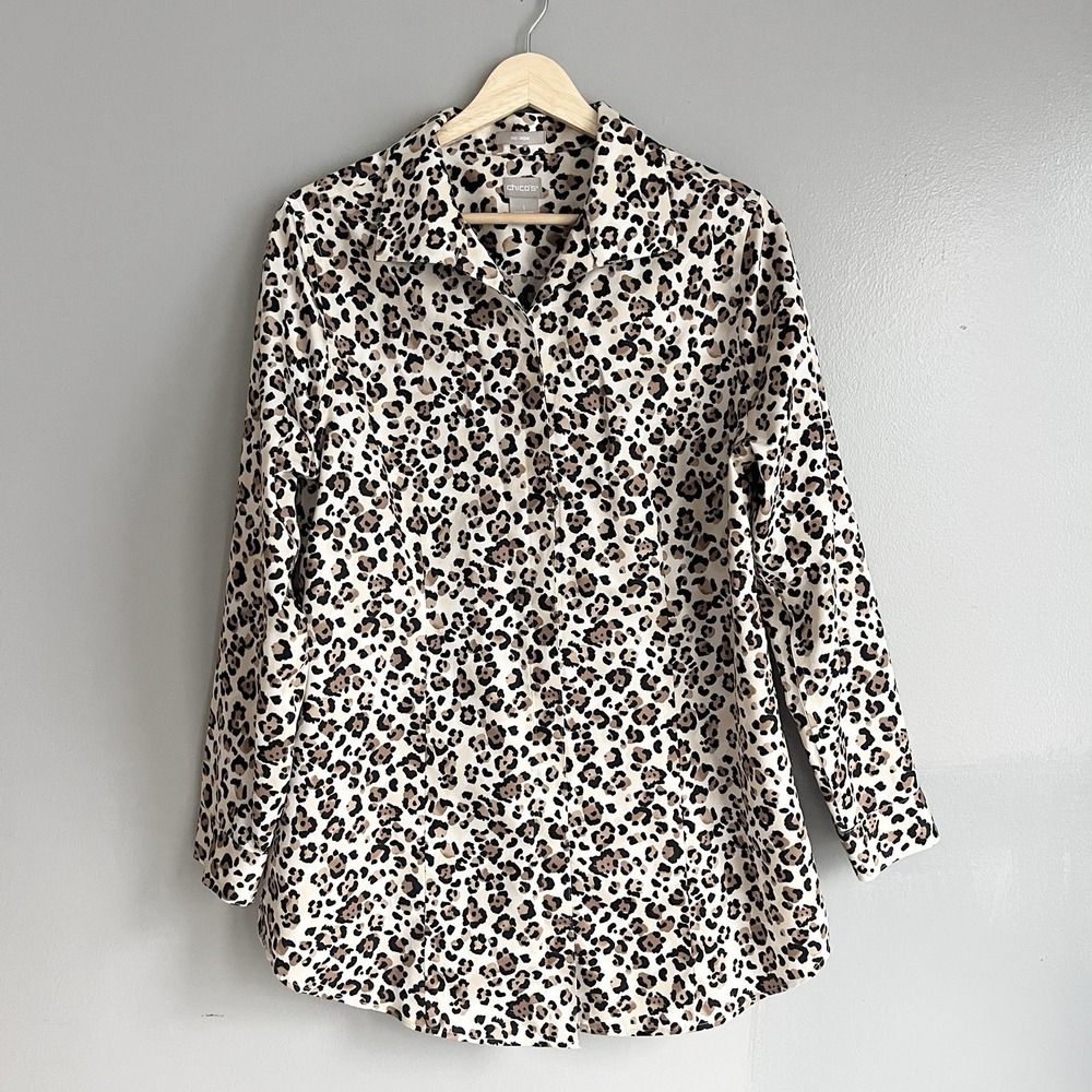 Chicos No Iron Leopard Print Top Button Front Shirt Long Sleeve 1 Medium 8/10